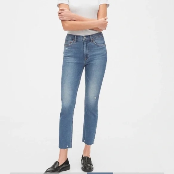 GAP Denim - Gap 1969 Medium Wash Blue Distressed Raw Hem High Rise Cropped Cigarette Jeans